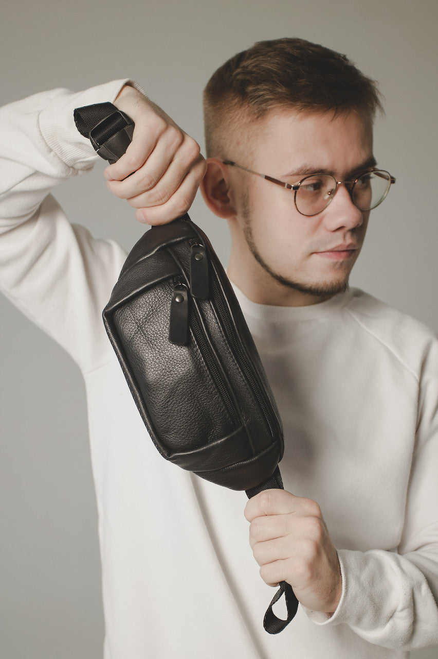 Handmade Black Genuine Leather Mens Banana Bag Waist Bag Gift For Him