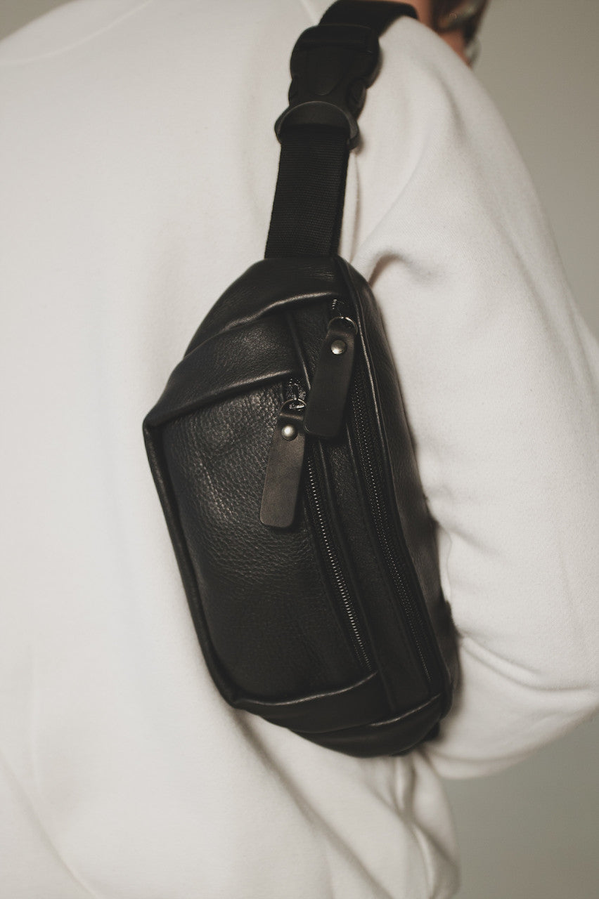 Handmade Black Genuine Leather Mens Banana Bag Waist Bag Gift For Him