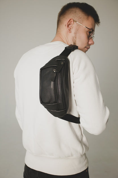 Handmade Black Genuine Leather Mens Banana Bag Waist Bag Gift For Him