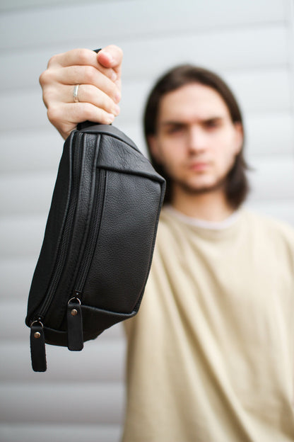 Handmade Mens Black Leather Belt Bag Waist Bag Gift for Him