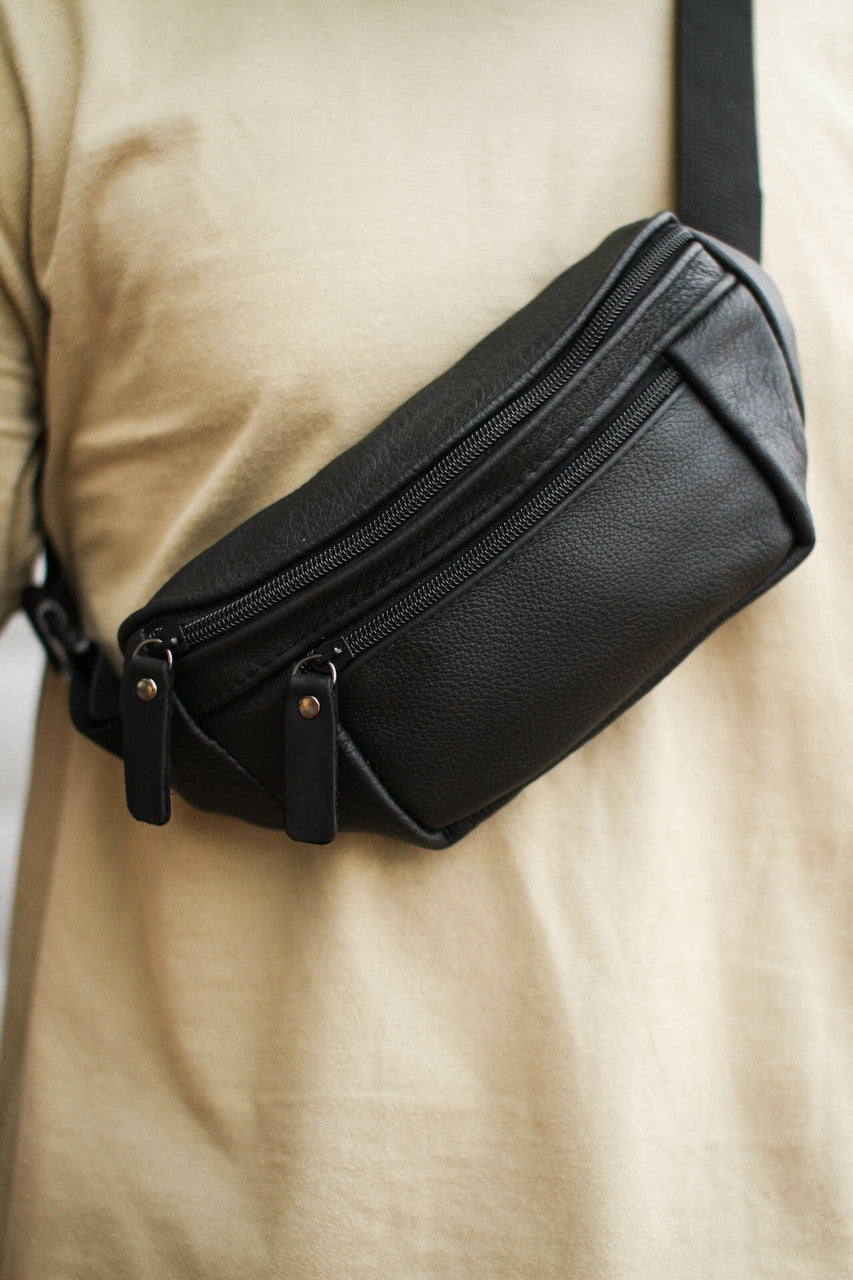 Handmade Mens Black Leather Belt Bag Waist Bag Gift for Him