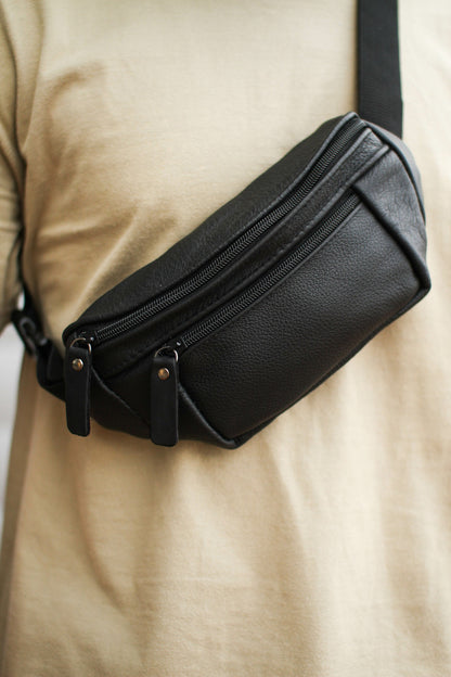 Handmade Mens Black Leather Belt Bag Waist Bag Gift for Him