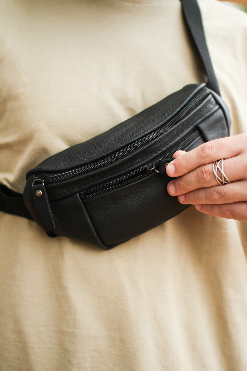 Handmade Mens Black Leather Belt Bag Waist Bag Gift for Him