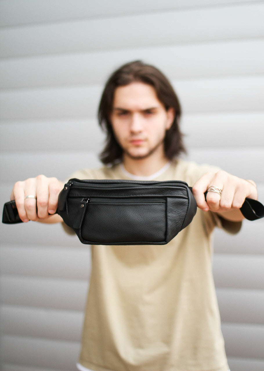 Handmade Mens Black Leather Belt Bag Waist Bag Gift for Him