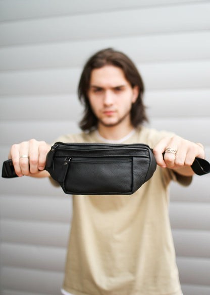 Handmade Mens Black Leather Belt Bag Waist Bag Gift for Him
