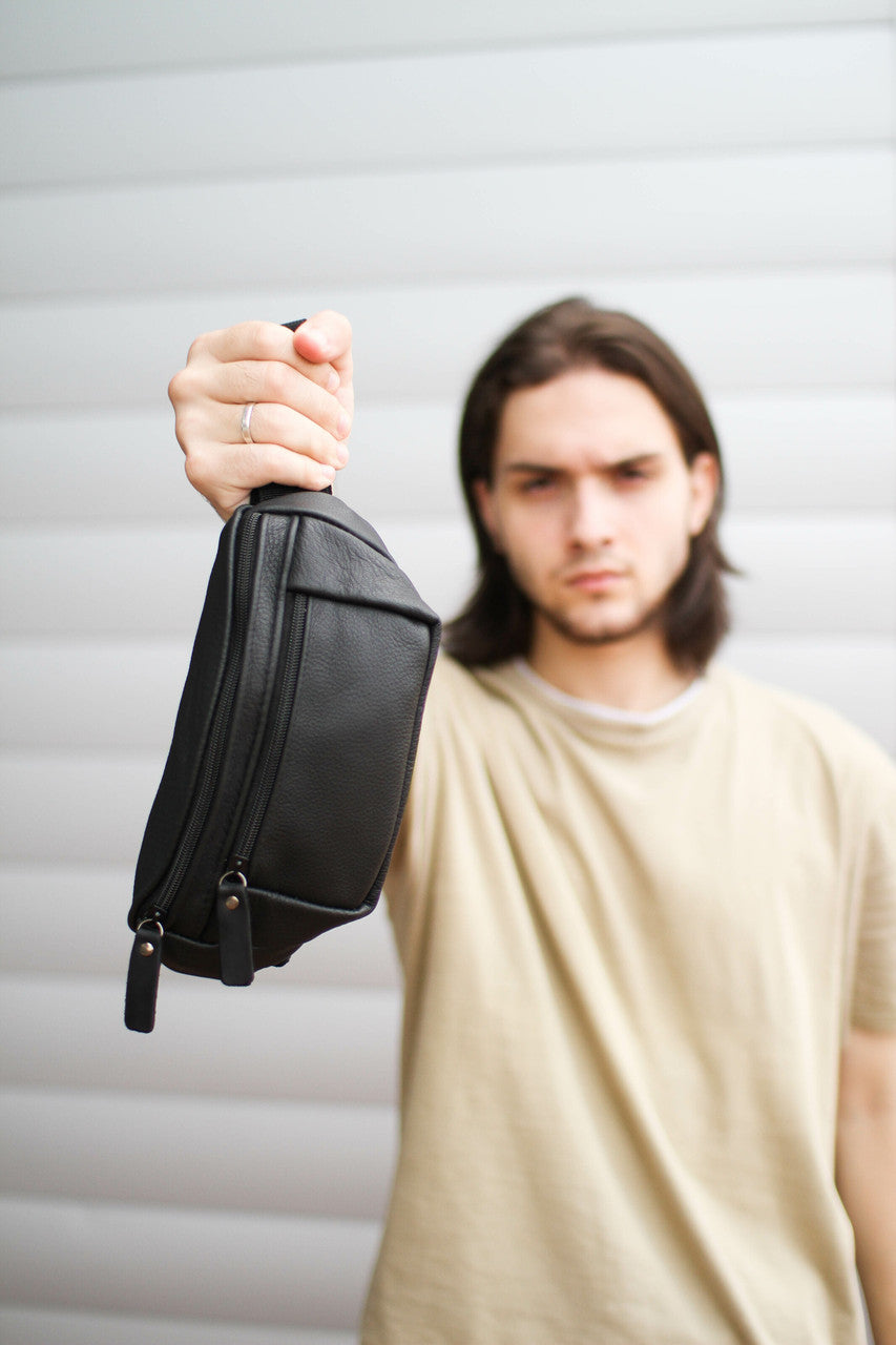 Handmade Mens Black Leather Belt Bag Waist Bag Gift for Him