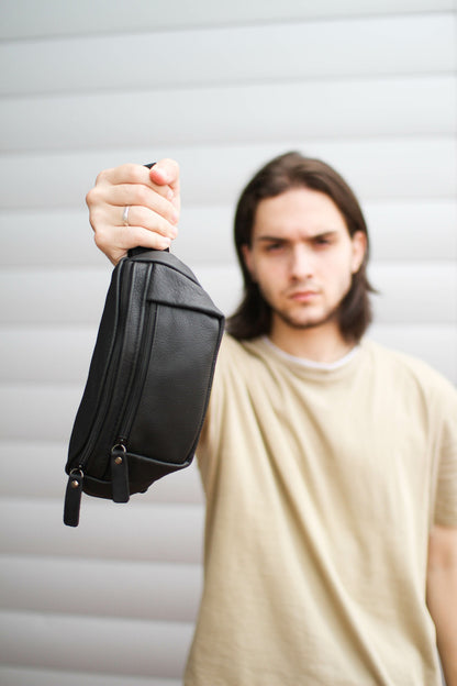 Handmade Mens Black Leather Belt Bag Waist Bag Gift for Him