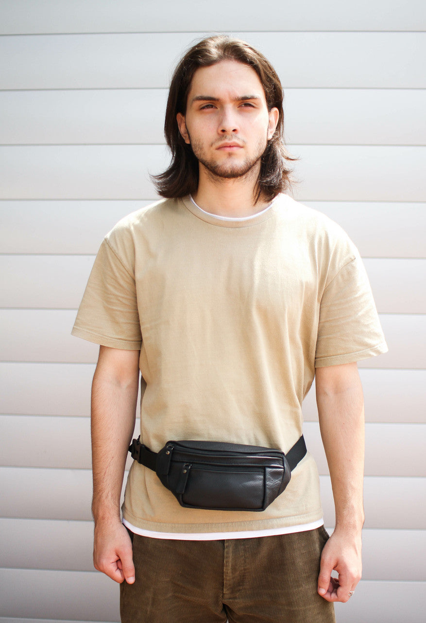 Handmade Mens Black Leather Belt Bag Waist Bag Gift for Him