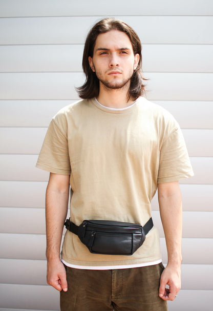 Handmade Mens Black Leather Belt Bag Waist Bag Gift for Him