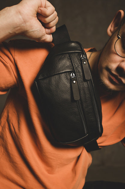 Handmade Mens Black Leather Banana Bag Gift for Him Genuine Leather Waist Bag