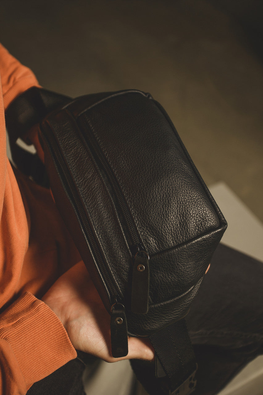 Handmade Mens Black Leather Banana Bag Gift for Him Genuine Leather Waist Bag