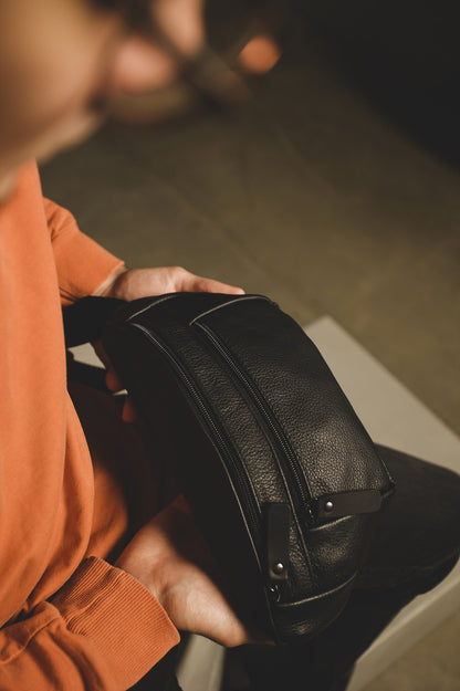 Handmade Mens Black Leather Banana Bag Gift for Him Genuine Leather Waist Bag