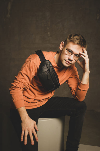 Handmade Mens Black Leather Banana Bag Gift for Him Genuine Leather Waist Bag