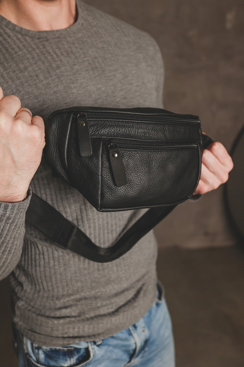 Handmade Mens Genuine Leather Belt Bag Black Gift For Him
