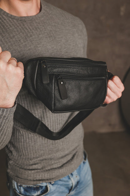Handmade Mens Genuine Leather Belt Bag Black Gift For Him
