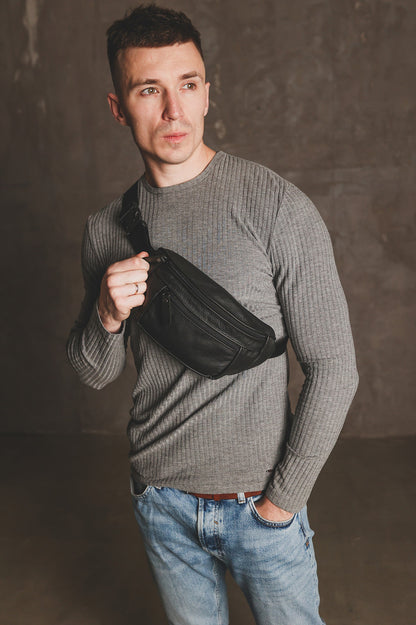 Handmade Mens Genuine Leather Belt Bag Black Gift For Him