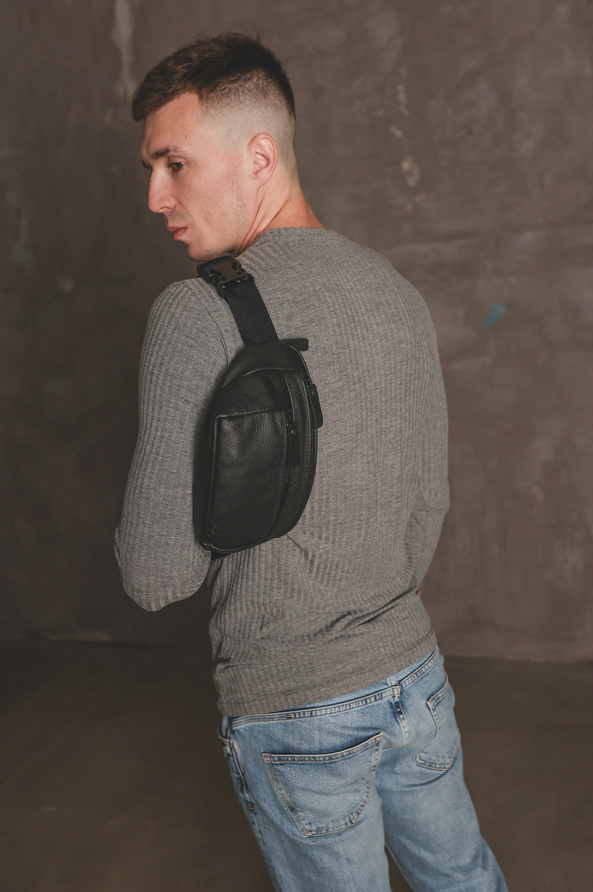 Handmade Mens Genuine Leather Belt Bag Black Gift For Him