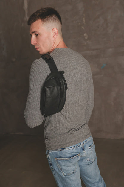 Handmade Mens Genuine Leather Belt Bag Black Gift For Him