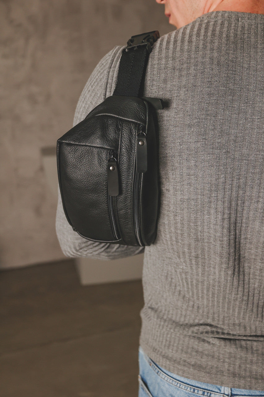 Handmade Mens Genuine Leather Belt Bag Black Gift For Him