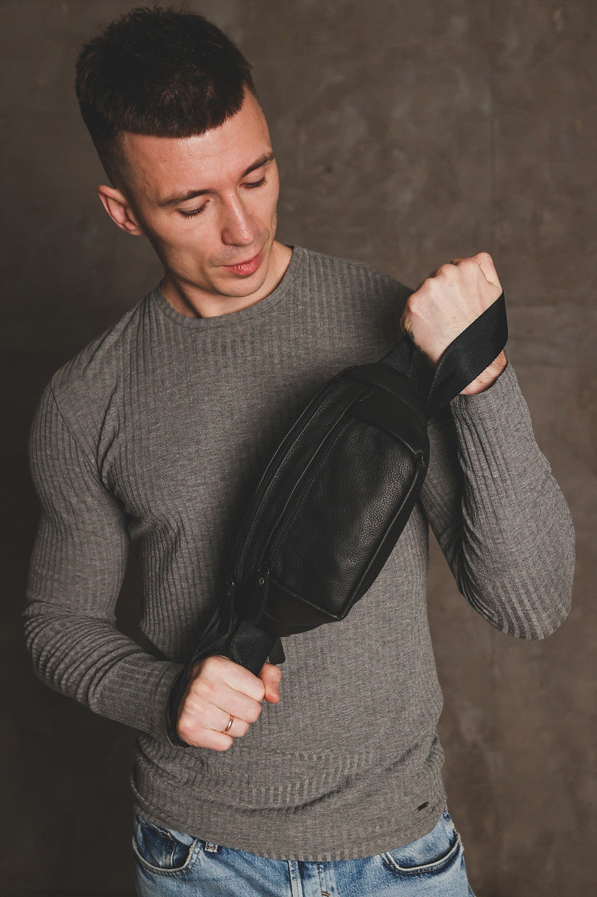 Handmade Mens Genuine Leather Belt Bag Black Gift For Him