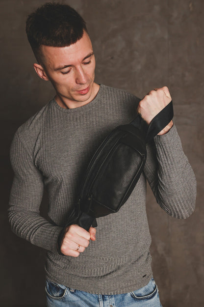 Handmade Mens Genuine Leather Belt Bag Black Gift For Him