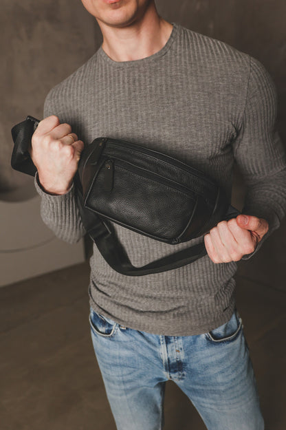 Handmade Mens Genuine Leather Belt Bag Black Gift For Him
