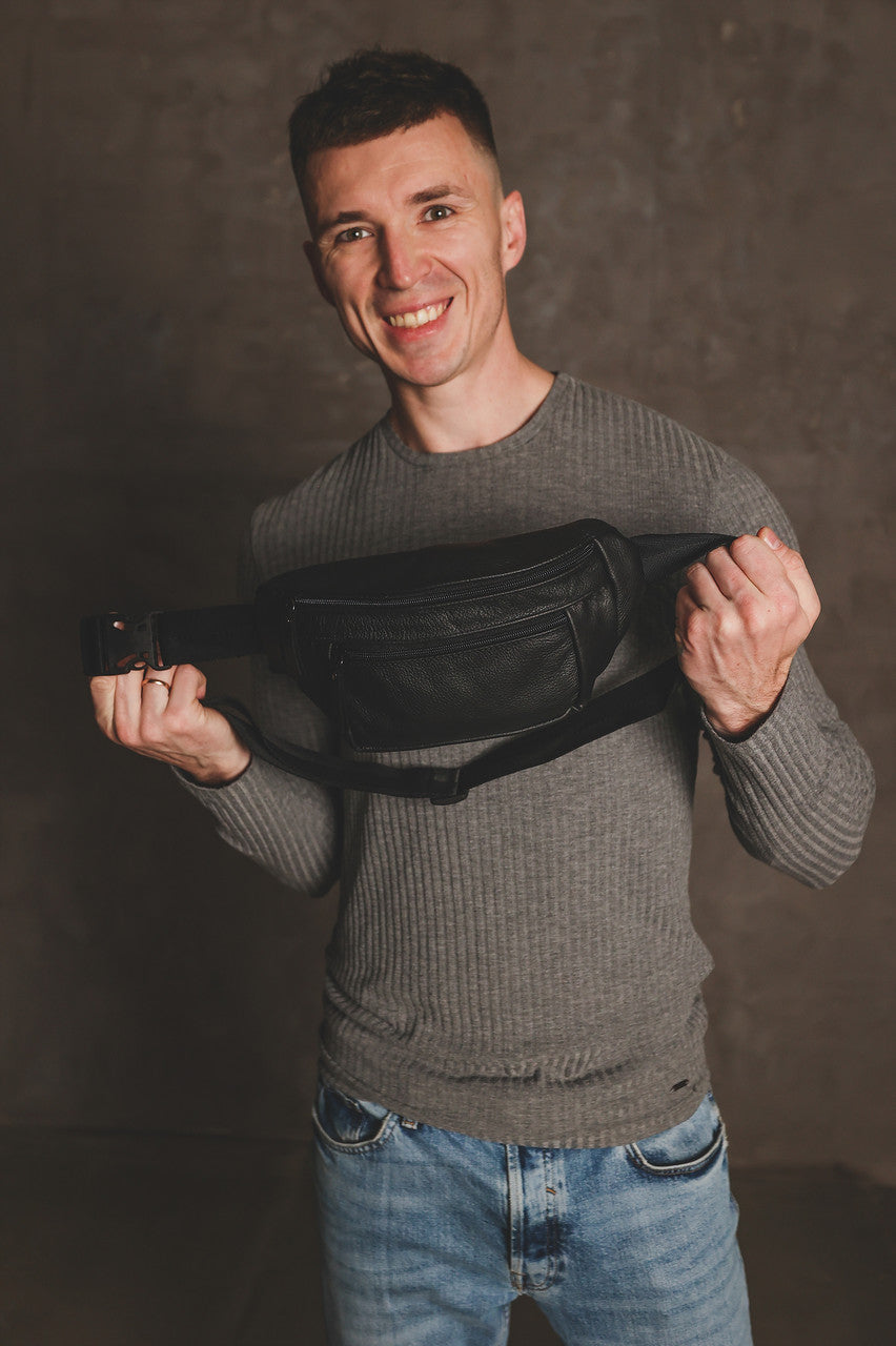 Handmade Mens Genuine Leather Belt Bag Black Gift For Him