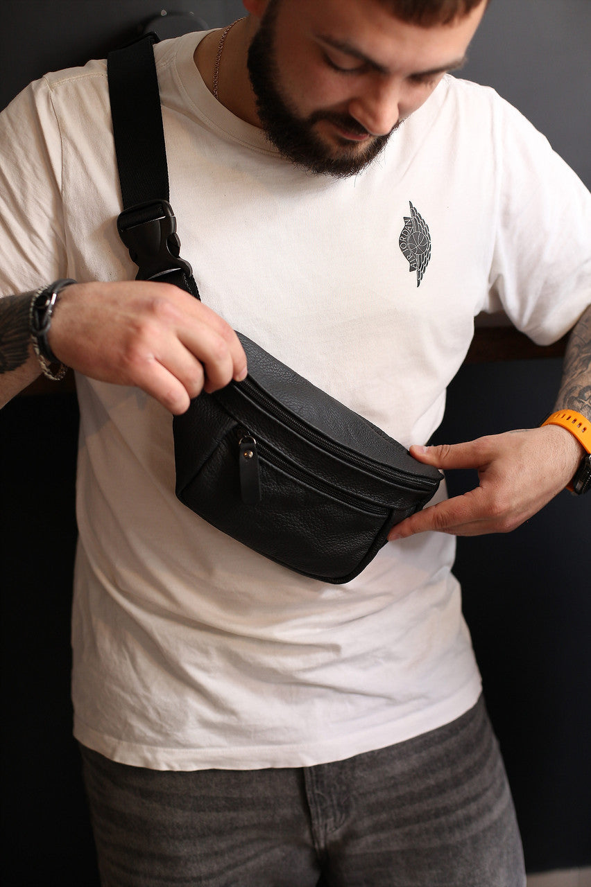 Handmade Mens Black Leather Banana Bag Gift for Him Leather Waist Bag