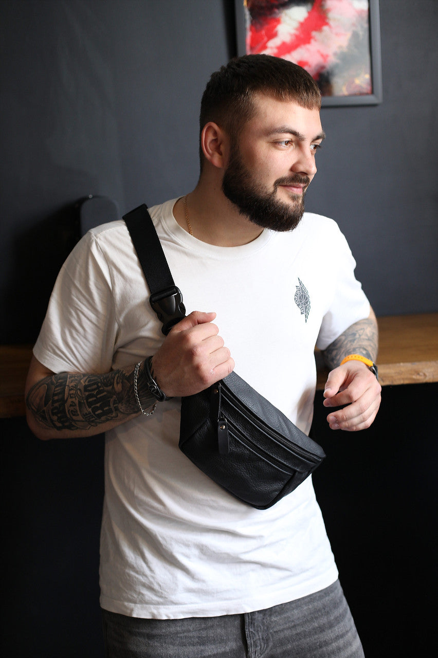 Handmade Mens Black Leather Banana Bag Gift for Him Leather Waist Bag