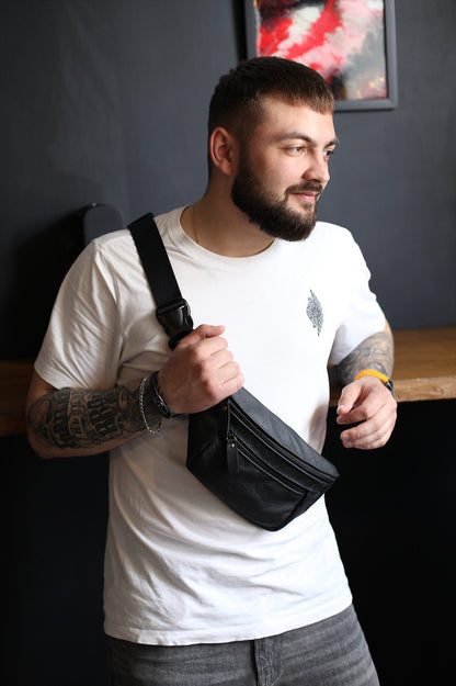 Handmade Mens Black Leather Banana Bag Gift for Him Leather Waist Bag