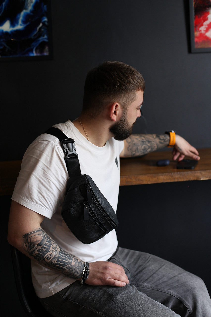 Handmade Mens Black Leather Banana Bag Gift for Him Leather Waist Bag