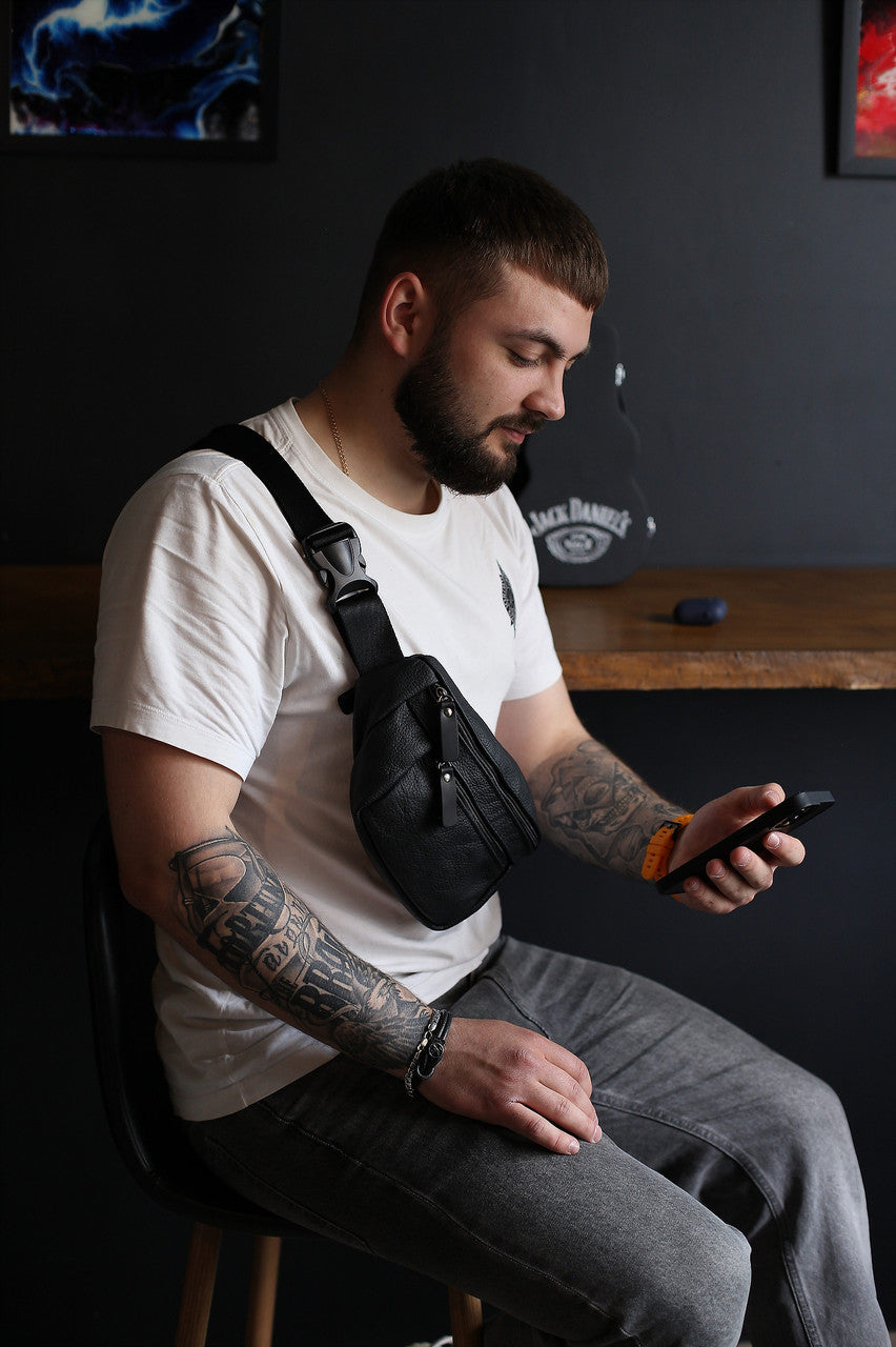 Handmade Mens Black Leather Banana Bag Gift for Him Leather Waist Bag