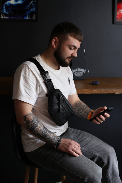 Handmade Mens Black Leather Banana Bag Gift for Him Leather Waist Bag