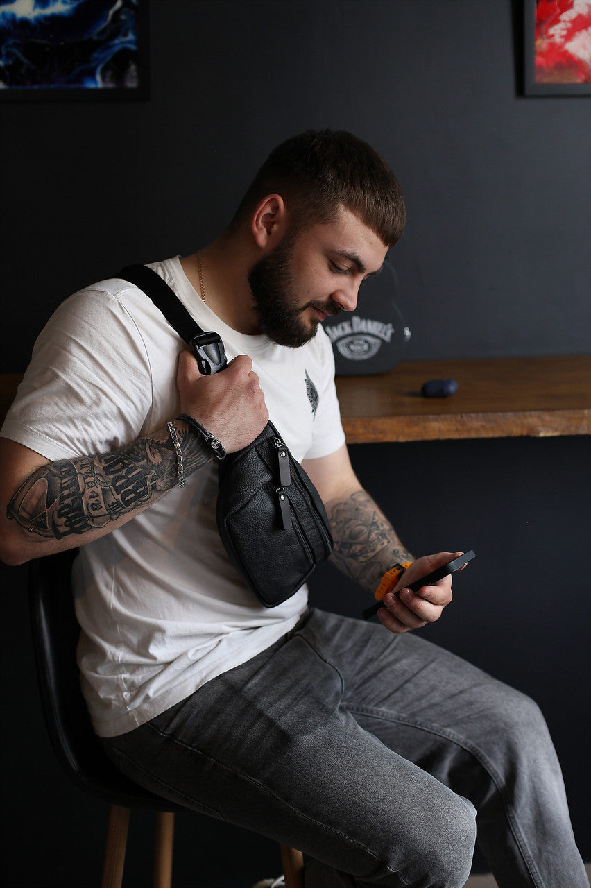 Handmade Mens Black Leather Banana Bag Gift for Him Leather Waist Bag