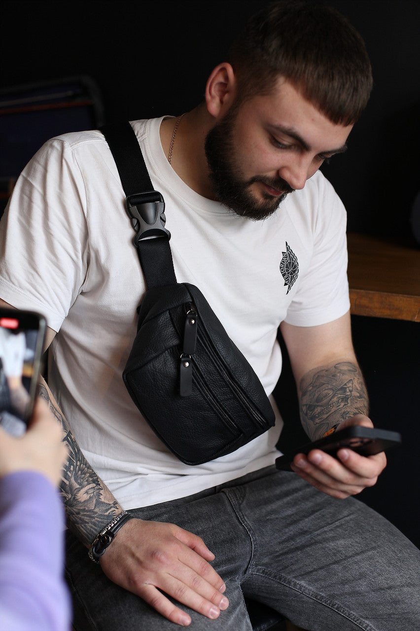 Handmade Mens Black Leather Banana Bag Gift for Him Leather Waist Bag