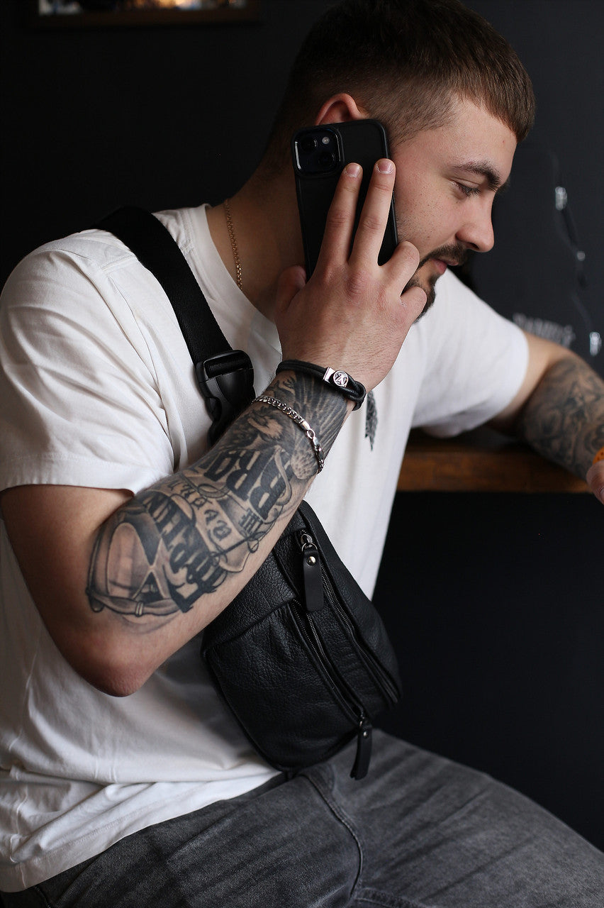 Handmade Mens Black Leather Banana Bag Gift for Him Leather Waist Bag