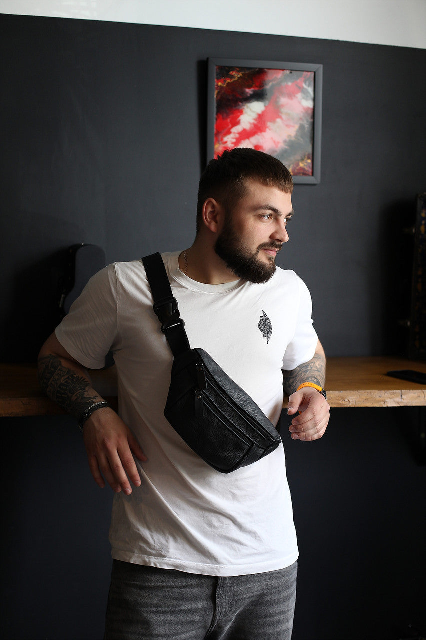 Handmade Mens Black Leather Banana Bag Gift for Him Leather Waist Bag