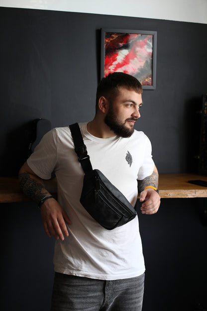 Handmade Mens Black Leather Banana Bag Gift for Him Leather Waist Bag