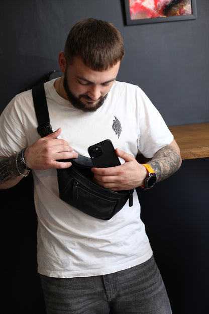 Handmade Mens Black Leather Banana Bag Gift for Him Leather Waist Bag