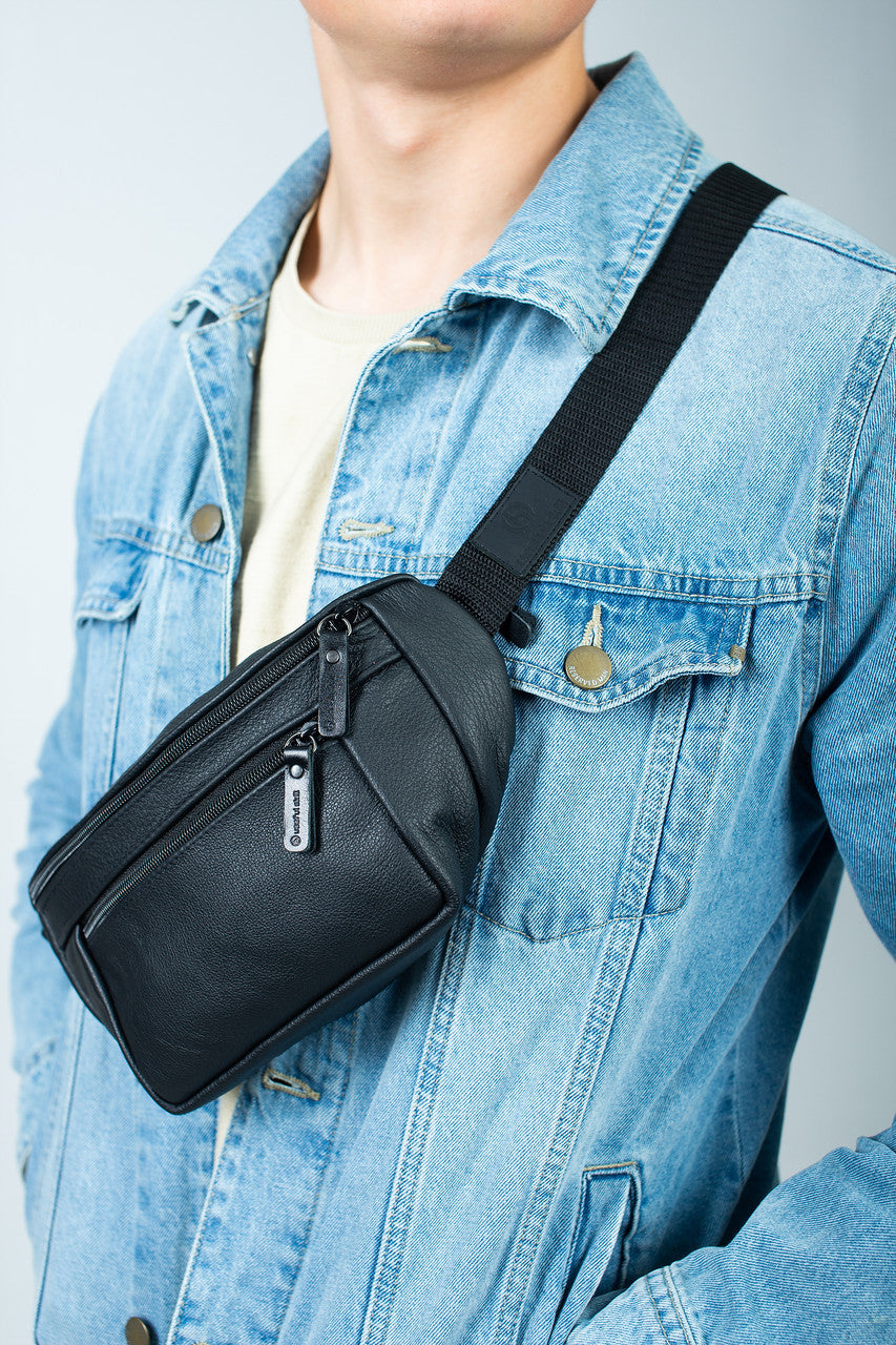 Mens Handmade Leather Belt Bag Black Waist Bag Gift for Him