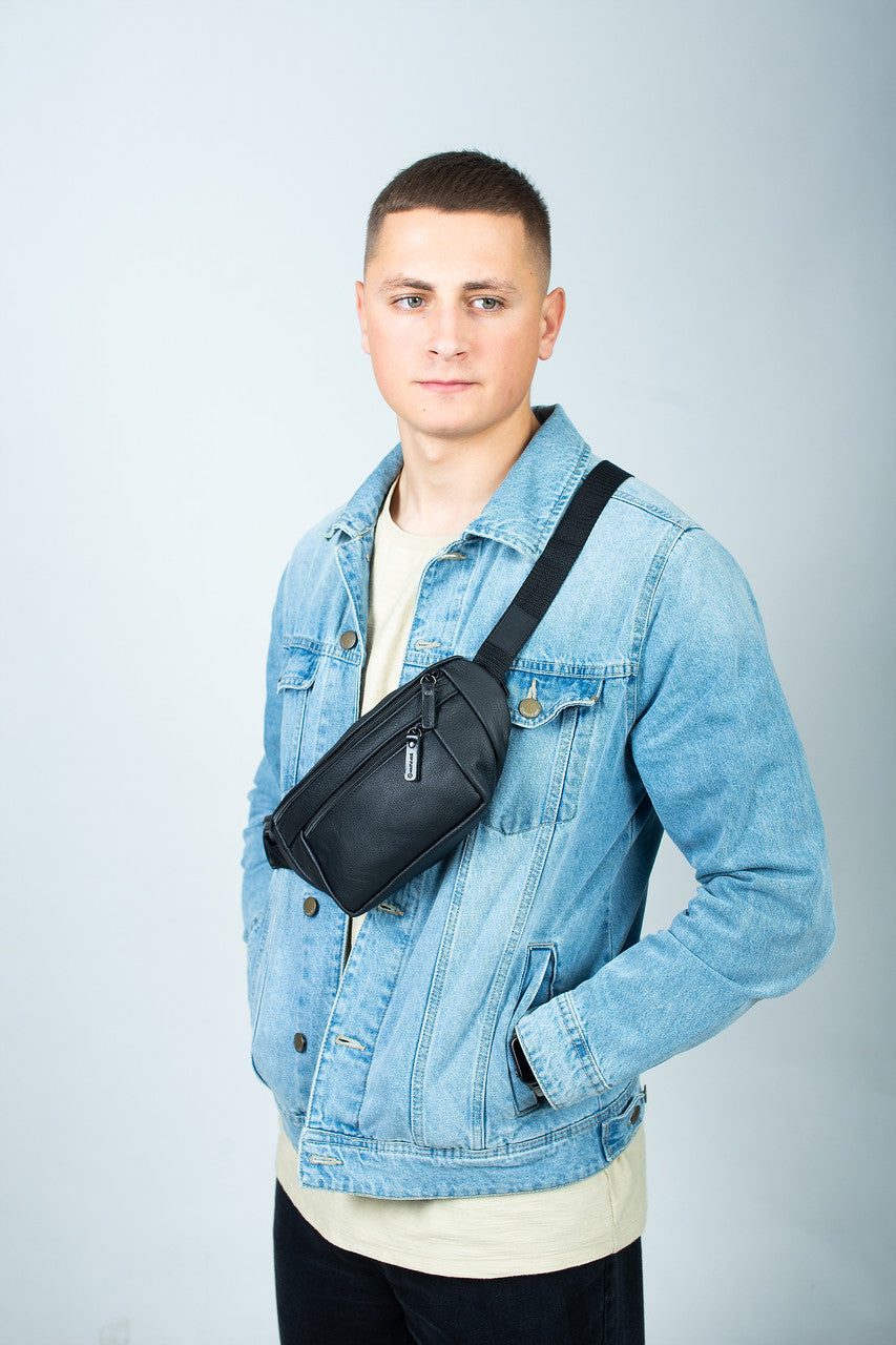 Mens Handmade Leather Belt Bag Black Waist Bag Gift for Him
