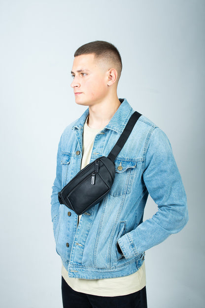 Mens Handmade Leather Belt Bag Black Waist Bag Gift for Him