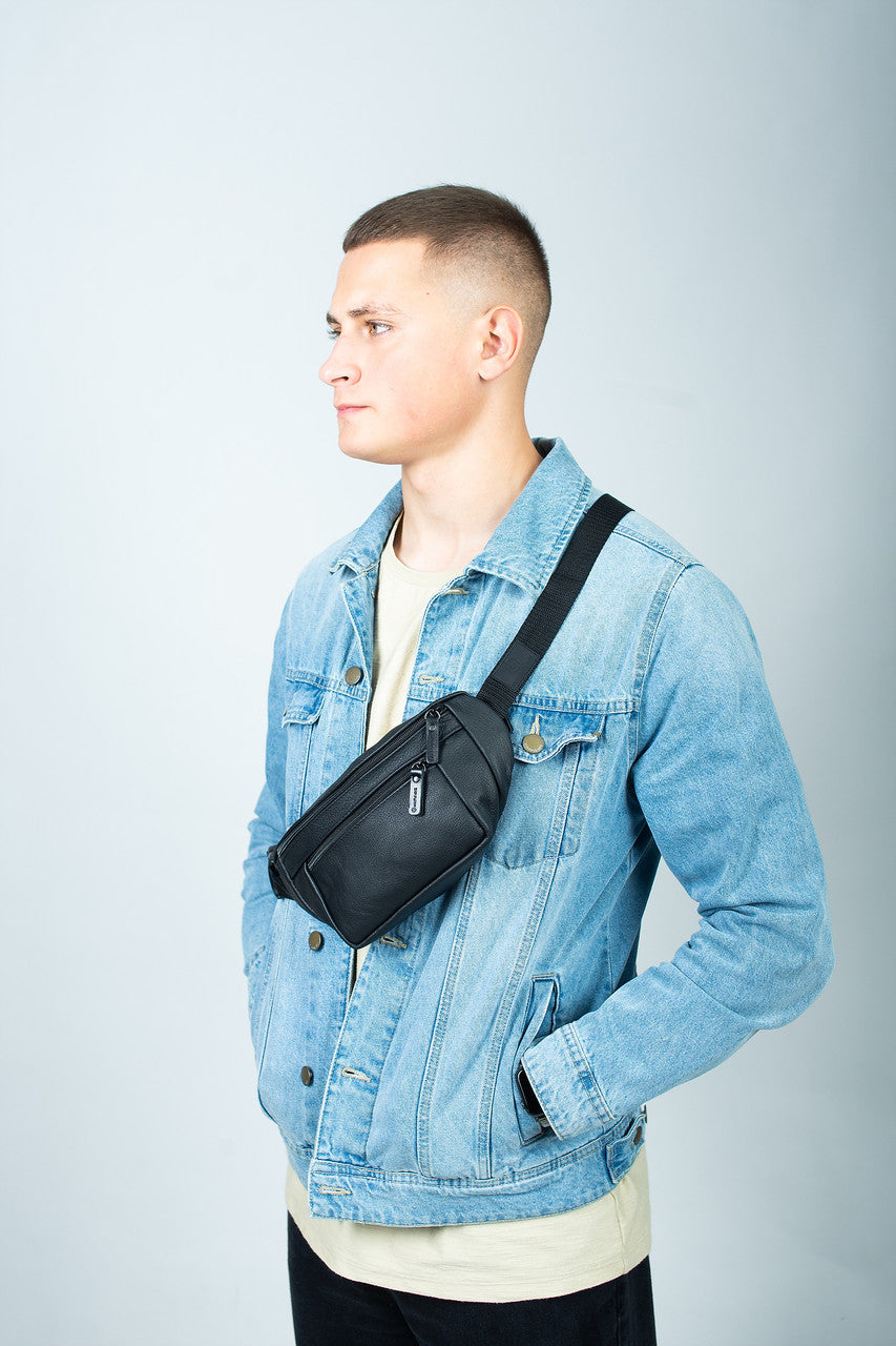 Mens Handmade Leather Belt Bag Black Waist Bag Gift for Him