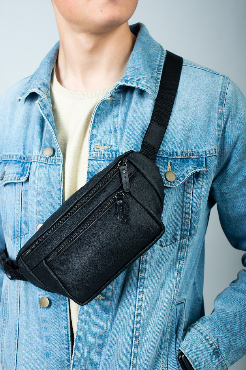 Mens Handmade Leather Belt Bag Black Waist Bag Gift for Him