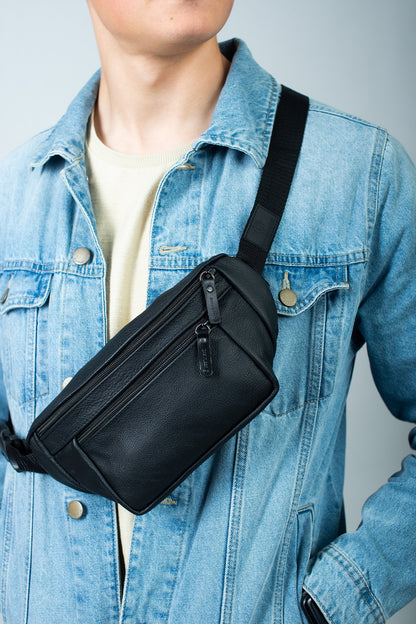Mens Handmade Leather Belt Bag Black Waist Bag Gift for Him