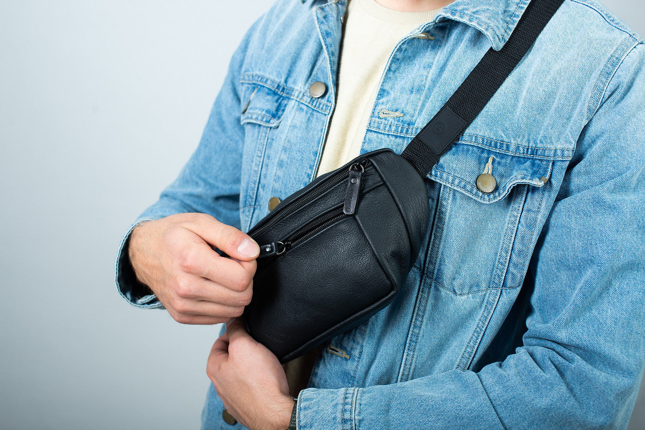 Mens Handmade Leather Belt Bag Black Waist Bag Gift for Him