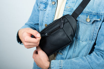 Mens Handmade Leather Belt Bag Black Waist Bag Gift for Him
