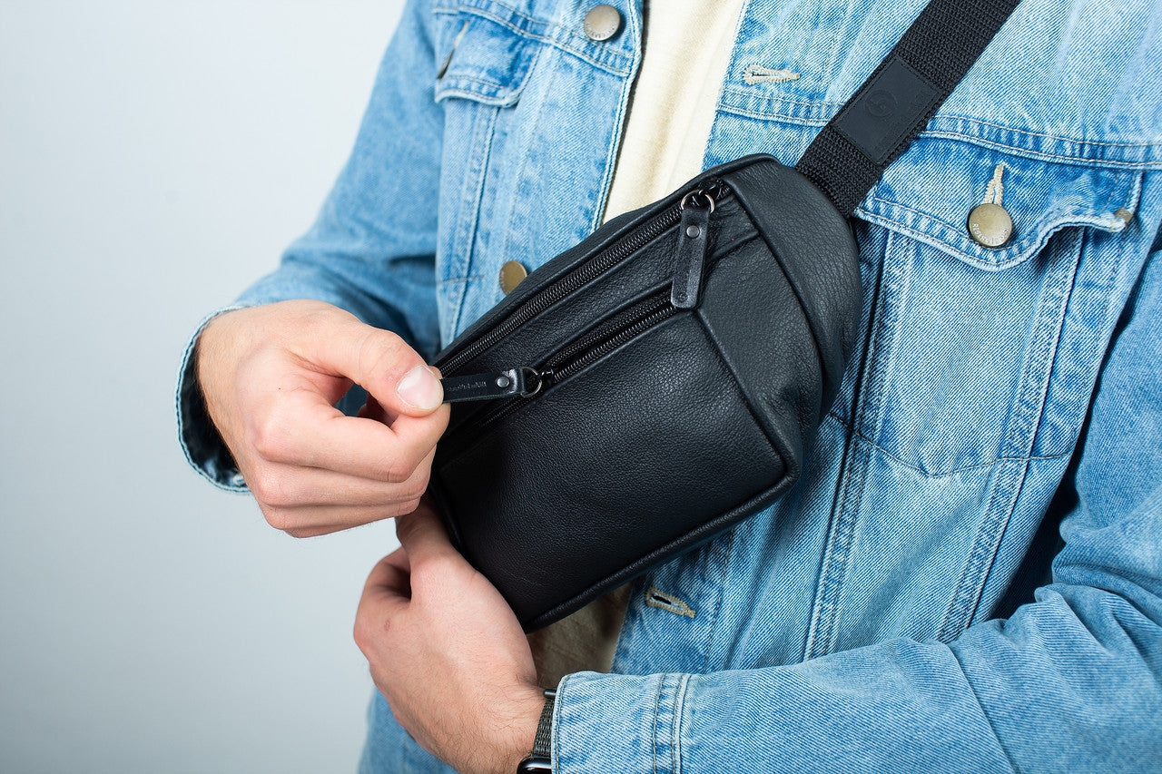 Mens Handmade Leather Belt Bag Black Waist Bag Gift for Him