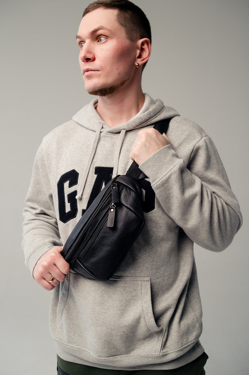 Mens Handmade Leather Banana Bag Black Stylish Fanny Pack Gift for Him