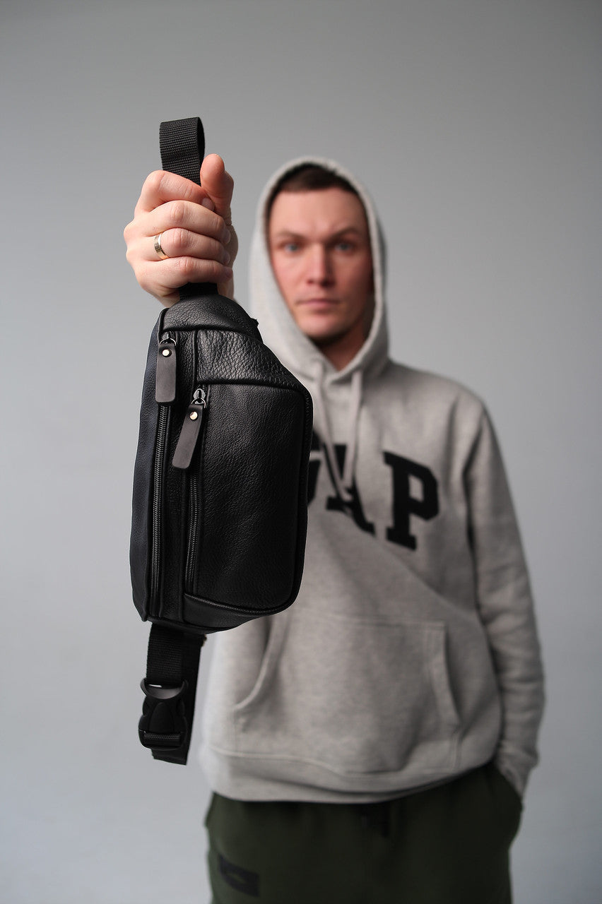 Mens Handmade Leather Banana Bag Black Stylish Fanny Pack Gift for Him